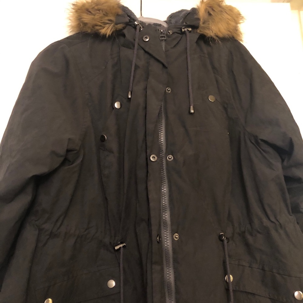 Dark grey heavy winter coat torrid coat fur hood